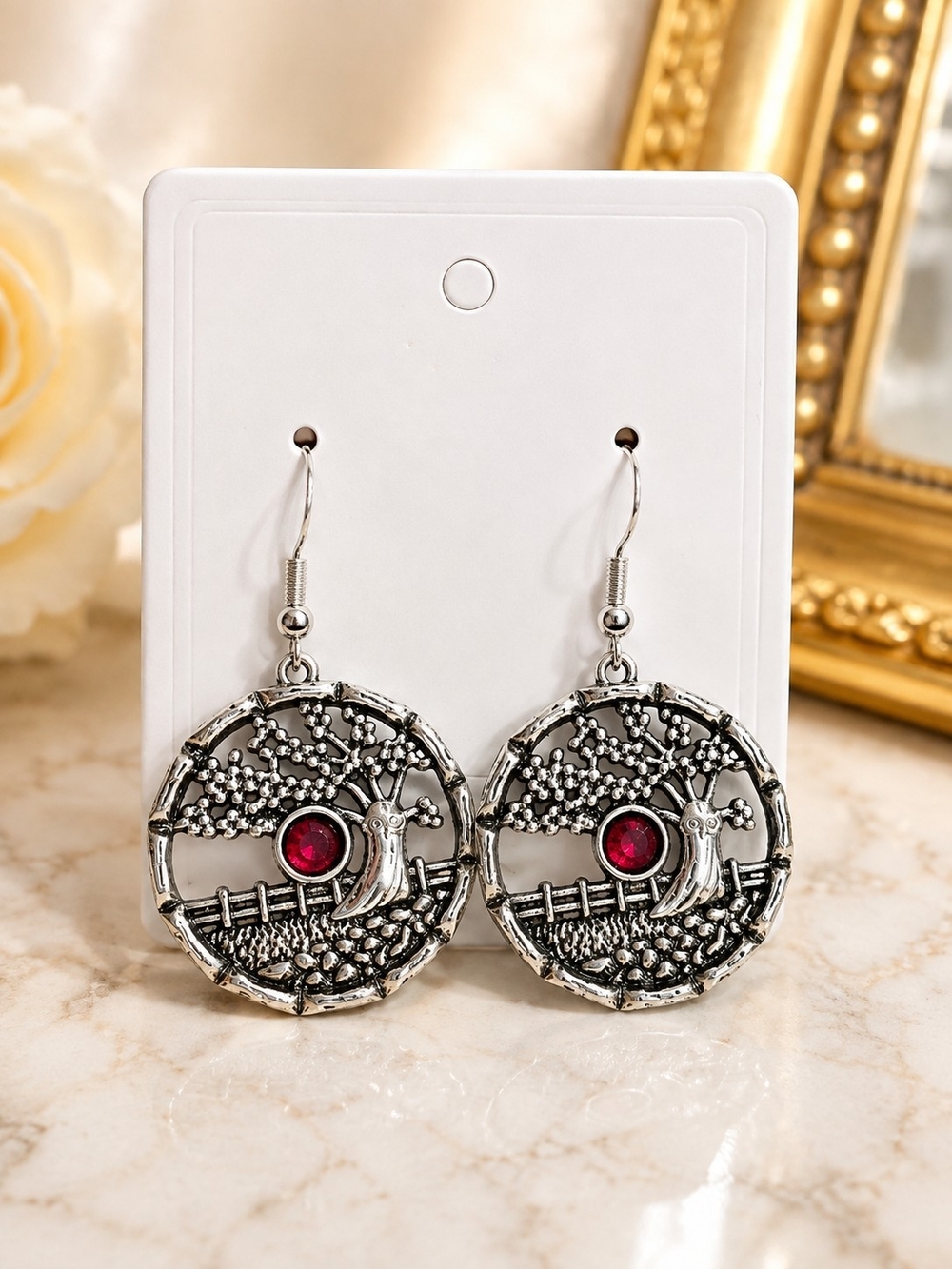 Silver Tone Owl & Tree Drop Earrings with Red Accent